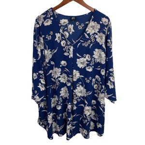 Bobeau Blue Allover Floral Blouse